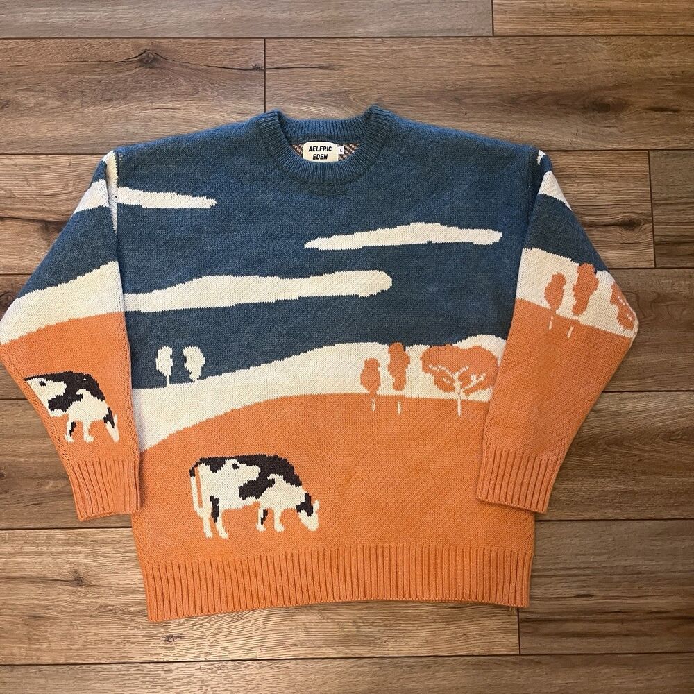 Aelfric Eden Cow Knit Sweater Oversized Teal Orange Farm Cottage Adult Size L